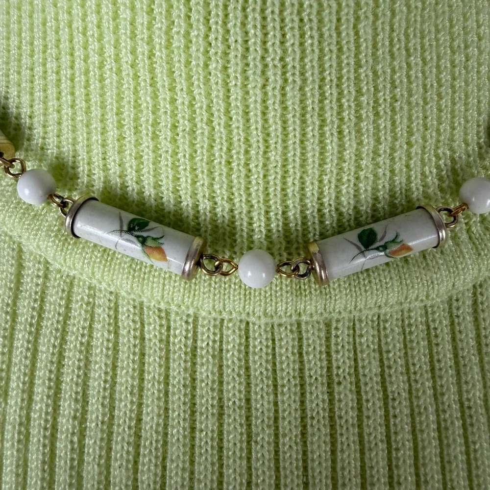 Vintage Floral Porcelain Tube Bead & White Round Bead Long Necklace 38 Inch Gold